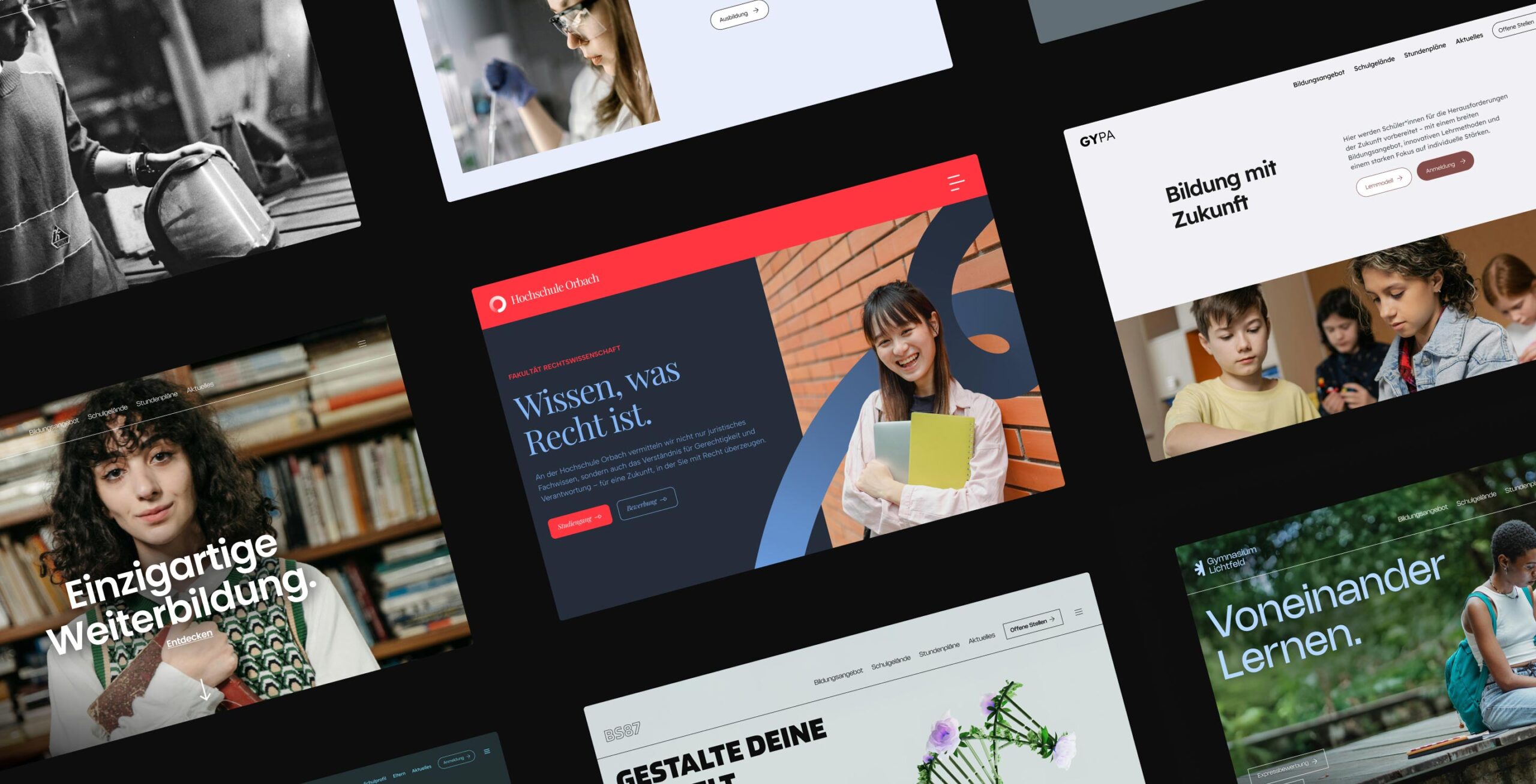 Mehrere Schulhomepages werden in unterschiedlichen Designs gezeigt