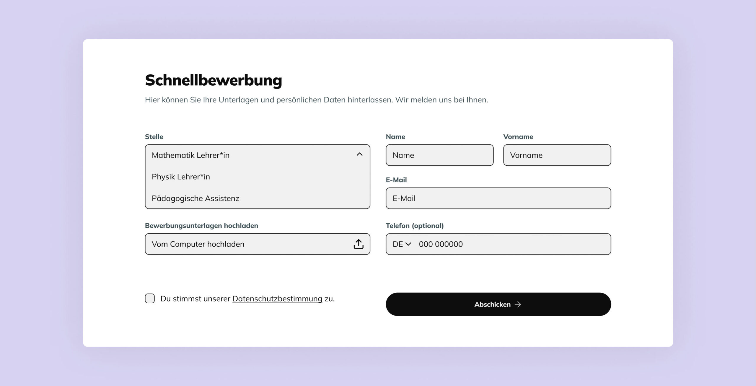 Darstellung eines Schnellbewerbungs-Tools auf einer Schulwebsite