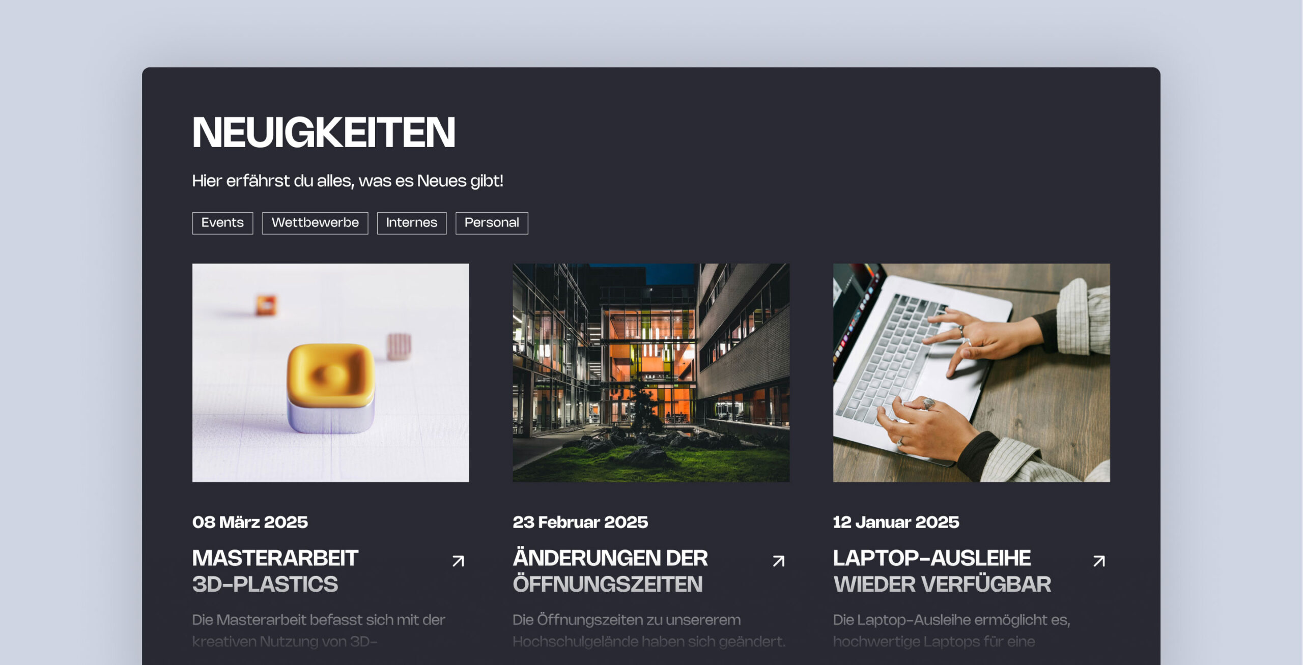 Eine Neuigkeiten Übersicht auf einer Schulwebsite